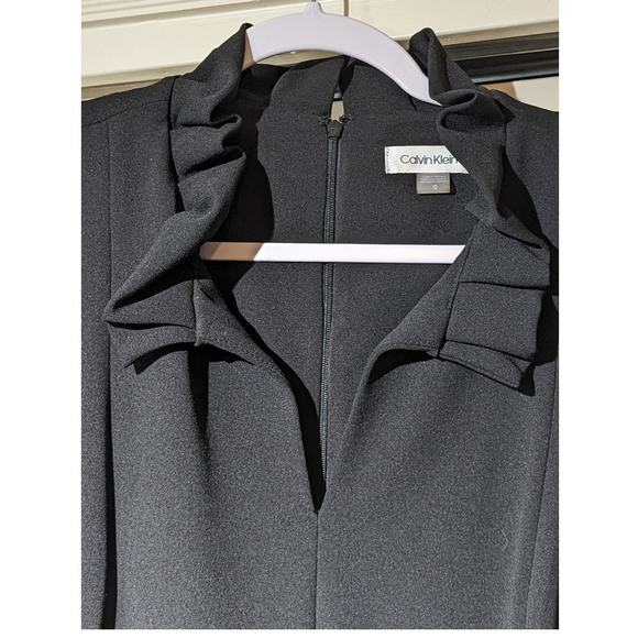 Calvin Klein Black Stretch Crepe Ruffle V-Neck Fit & Flare Dress Womens Sz 12 - Picture 9 of 11